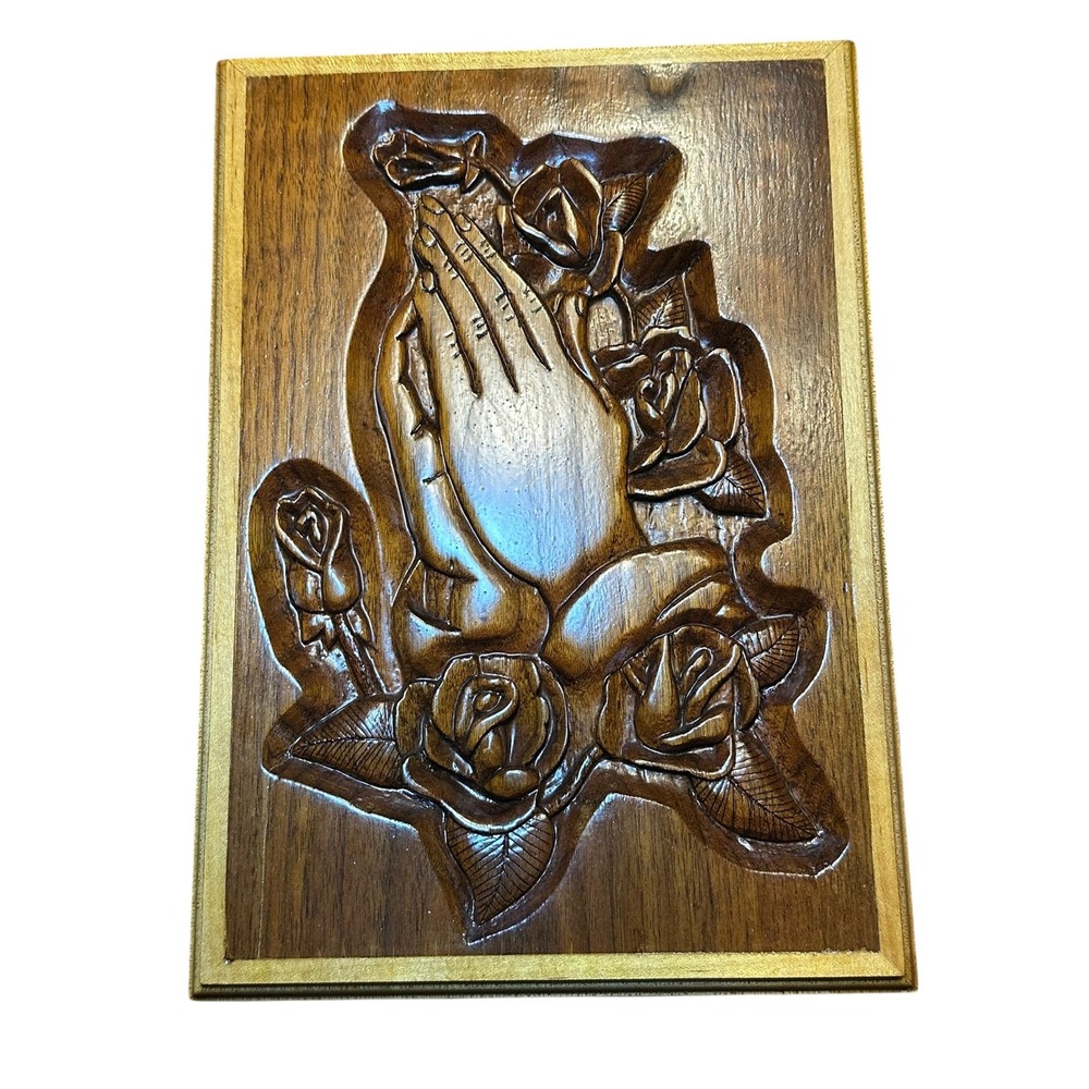 Vtg Hand Carved Walnut Praying Hands Roses Wood Wall Plaque 8.5 x 12"